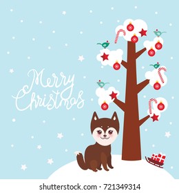 Merry Christmas New Year's card design funny brown husky dog tree with white snow on the branches, birds and red christmas decorations. Candy, balls, stars, sleigh gifts on blue sky background. Vector