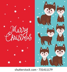 Merry Christmas New Year's card design funny brown husky dog, Kawaii face with large eyes and pink cheeks, boy and girl on blue red background. Vector illustration