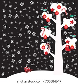 Merry Christmas New Year's card design tree with white snow on the branches, birds, snowflakes and stars, sleigh with gifts on black sky background. Vector