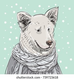 Merry Christmas New Year's card design Scandinavian style White dog in a grey knitted sweater. Shepherd. Sketch drawing. Black contour and white snowflakes on blue background. Vector