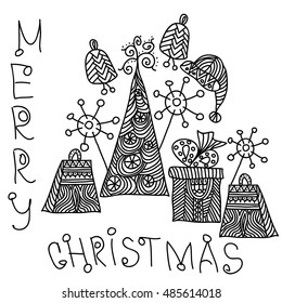 Merry Christmas. New Year's and Christmas decor. Freehand sketch for adult anti stress coloring page with doodle element. Print on T-shirts, banners, posters, covers.