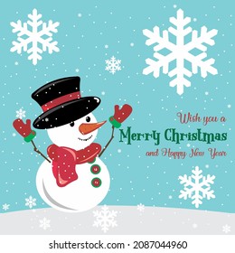 Merry Christmas and New Year's greeting card with a snowman wearing a black hat, red scarf and gloves and a nose made of carrots on a blue sky background, when it snows