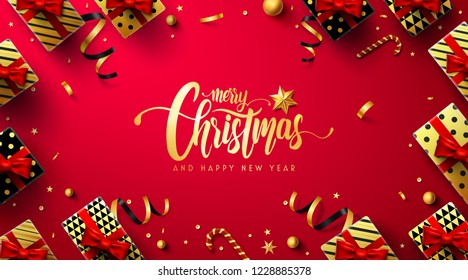 Merry Christmas and New Years Red Poster with gift box and christmas decoration elements for Retail, Shopping or Christmas Promotion in golden and red style.Vector illustration EPS10