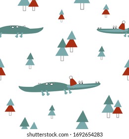 Merry Christmas and New Year's seamless watercolor pattern with crocodiles. Cute cartoon alligator in winter costume, spruce. tropical animal in holidays outfit background, printing on wrapping paper