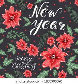 Merry Christmas and New Years! Seamless vector festive pattern with lettering.