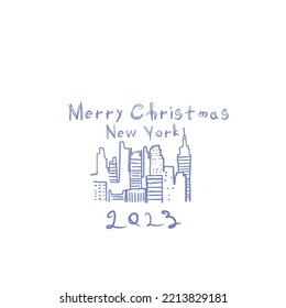 merry christmas new york. greeting card illustration happy new year city new york on white background in blue lines