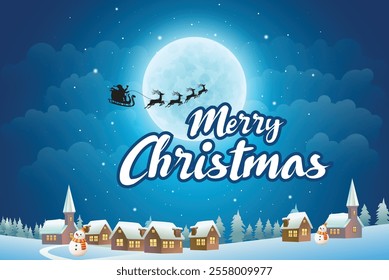 Merry Christmas nigh view image with moon and Santa for business