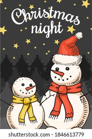Merry Christmas night banner. New Year sticky label. Poster template. Snowman for vintage sticker Flyer or labels. Engraved hand drawn sketch 