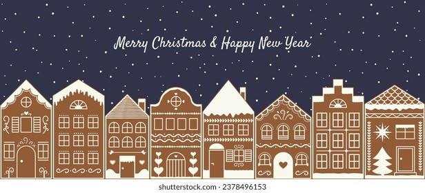 Merry Christmas Night Cityscape Gingerbread Village banner. Happy New Year City with snow. Winter holiday Landscape. Vector illustration