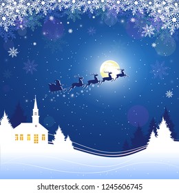 Merry Christmas night. Flying Santa Claus with reindeers silhouette on moon background over winter landscape. Vector illustration.