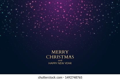 Merry Christmas night. Happy New Year banner. Holiday background with color stars. Magic lights on dark backdrop. Luxury template with illuminations. Vector illustration.