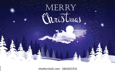 Merry Christmas night landscape. vector holiday background. Greeting design. Hand letterind for card, banner, poster.