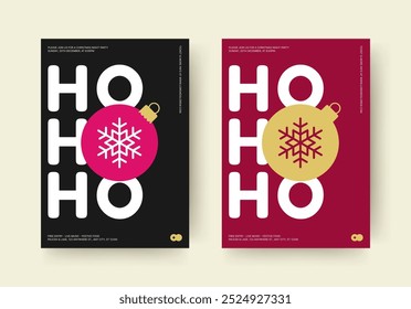 Merry Christmas night party festival flyer design template set vector flat illustration. Happy New Year Xmas winter holiday celebration invitation ad modern minimal poster with ball toy snowflake