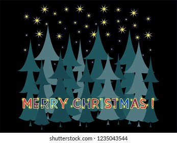 Merry Christmas night star winter landscape with fir trees. Hand drawn lettering. Dright inscription. Vector Illustration. Xmas card