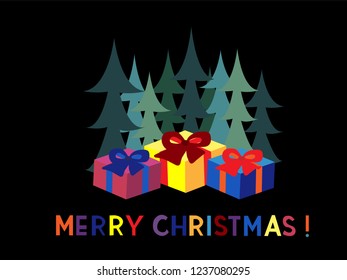 Merry Christmas night  winter landscape with fir trees and gift boxes Hand drawn lettering. Bright colorful inscription. Vector Illustration. Xmas card