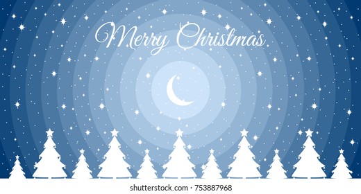 Merry Christmas. Night winter landscape with a crescent, snowflakes and Christmas trees. Xmas background. Vector illustration