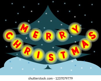 Merry Christmas night  winter snowy landscape with fir tree and bright garlands. Hand drawn lettering. Bright inscription. Vector Illustration. Xmas card