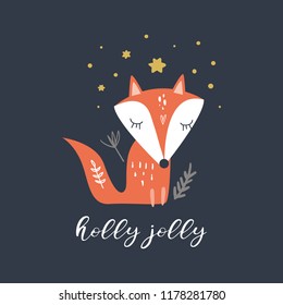 Merry Christmas, Noel. Vector cute winter girl baby little fox, floral elements. Nursery holiday illustration. It can be used for wall art, greeting card, poster, kids apparel