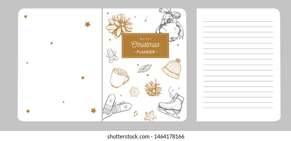 Merry Christmas notebook, planner, scrapbook cover . Vector hand drawn illustrations and Lettering. Inspirational christmas and new year design