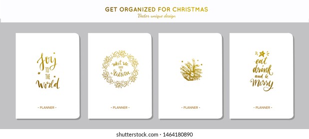 Merry Christmas notebook, planner, scrapbook cover set . Vector hand drawn illustrations and Lettering. Inspirational christmas and new year design