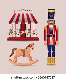 fröhliche Weihnachtsmütterchen und Karussell-Design, Wintersaison und Dekoration Thema Vektorgrafik