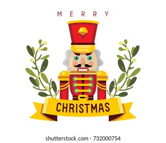 merry christmas nutcracker with mistletoe wreath flat style vector illustration