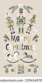 Merry Christmas Nutcrackers Vector banner on Light Background. Postcard. Childish rocking horses. New Year illustration.