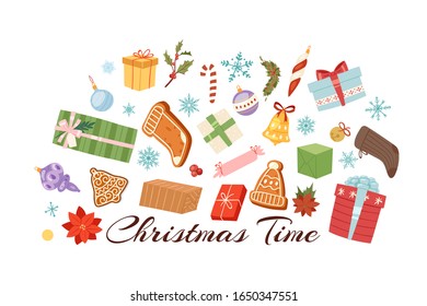 Merry Christmas objects collection of winter holiday items cartoon vector illustration. Xmas decoration with gifts, gingerbread cookies nd snowflakes christmas time banner.
