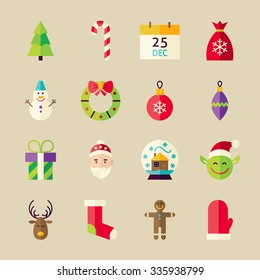 Merry Christmas Objects Set. Flat Style Vector Illustration. Winter Holiday. Collection of Happy New Year Objects over Beige Background