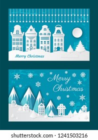 Merry Christmas, old town paper cuts, city view vector. Cut out of vintage buildings and snowing weather, mountains and hills. Evening and snowflakes