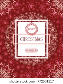 Merry Christmas on the background of snow and snowflakes. New year poster with place for text. White lace on a dark red background.