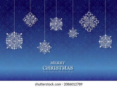 Frohe Weihnachten auf barockem Weihnachtshintergrund. Ornamente, Bälle und Kristalle im viktorianischen Barockstil.