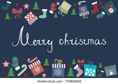 Merry Christmas, on blue background. Christmas attributes.
