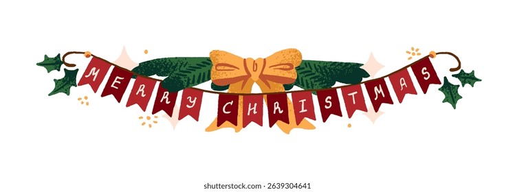 Merry Christmas on bunting garland with ribbon bow, branches of fir tree. Xmas banner with flags. Winter holiday decor, New Year decoration. Flat isolated vector illustration on white background