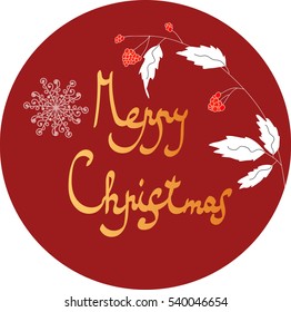 Merry Christmas on a red background with gold letters, cute vector illustration