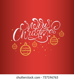 Merry Christmas  on red background for postcard, poster, gift and T-shirt. Lettering with yellow illustrations 