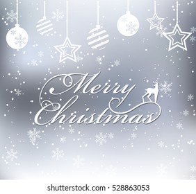 Merry Christmas on snow background with balls and stars. Vector illustration