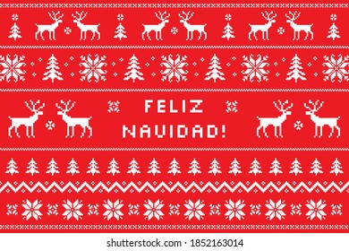 Merry Christmas on spanish - Feliz Navidad greeting card with classical winter sweater design. Nordic knitted pattern with deers, snowflakes and borders. Vector illustration