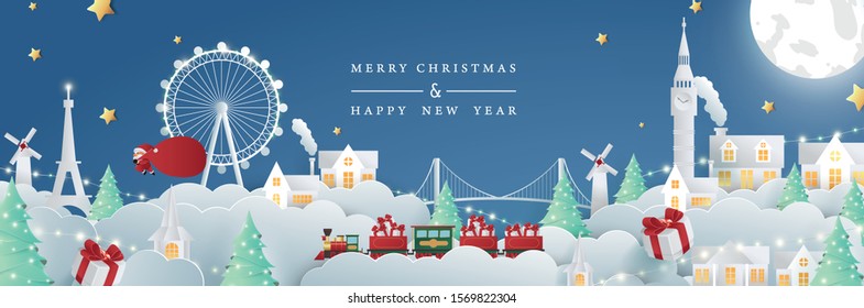 Merry christmas on tour composition in paper cut style. Vector illustration. 