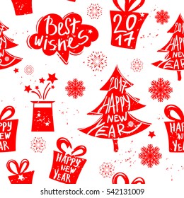 Merry Christmas on white background. Holiday Vector Illustration. Lettering Composition with snowflakes, best wishes, comic cloud, gift box, bow, fir tree.Wallpaper with original calligraphic
