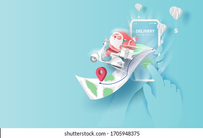 Merry Christmas Online delivery smartphone concept.Fast respond delivery package shipping on mobile.Online order tracking world map location.Logistic delivery service.Santa Claus drive motorcycle.