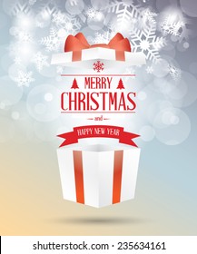 Merry Christmas open gift box with snowflakes, vector illustration