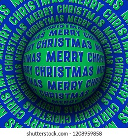 Merry Christmas optical illusion greeting card. Patterned sphere rolling on rotating surface.