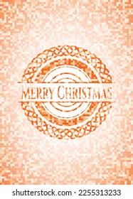 Merry Christmas orange tile background illustration. Square geometric mosaic seamless pattern with emblem inside. 