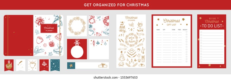  Merry Christmas organizer, planner, notepad, diary with vector hand drawn illustrations and handwritten calligraphy.  Happy new year vintage elements. Get organized for ChristmasReady for print