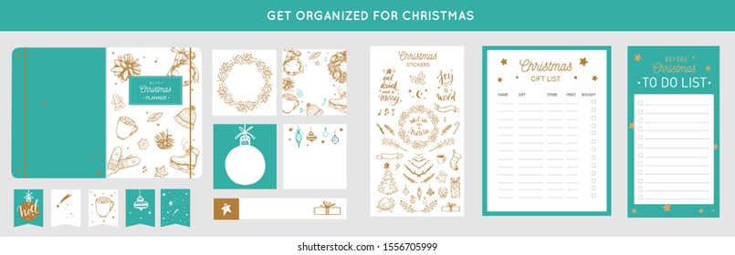 Merry Christmas organizer, planner, notepad, diary with vector hand drawn illustrations and handwritten calligraphy.  Happy new year vintage elements. Get organized for ChristmasReady for print