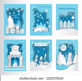 Merry Christmas origami postcards abstract fire in fireplace, presents gifts in boxes. New Year paper cut greeting cards snowman and houses, Santa Claus