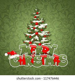 Merry Christmas, original and cheerful lettering and decorated fir-tree on the holiday background