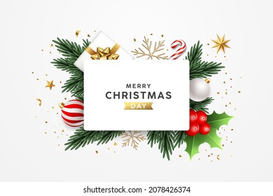 Merry Christmas ornament banner white paper greeting card design on white background, Eps 10 vector illustration 