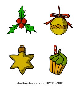 Merry Christmas Ornament Collections Vector Icon Hand Drawn. Christmas Logo Element Symbol